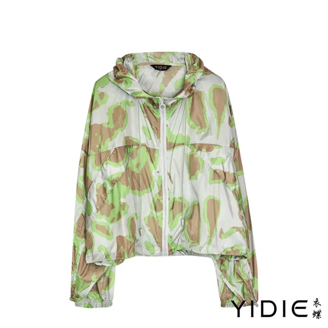 【YIDIE】都會運動迷彩渲染印花抽繩連帽防風外套-綠