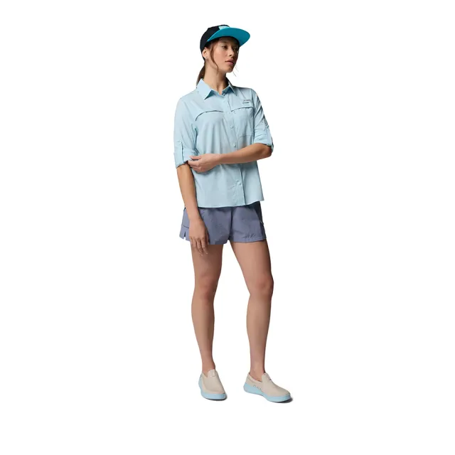 【Columbia 哥倫比亞】女款-防曬UPF40涼感快排短袖襯衫-PFG Castback™-晴空藍(UFL47520HO/KS)