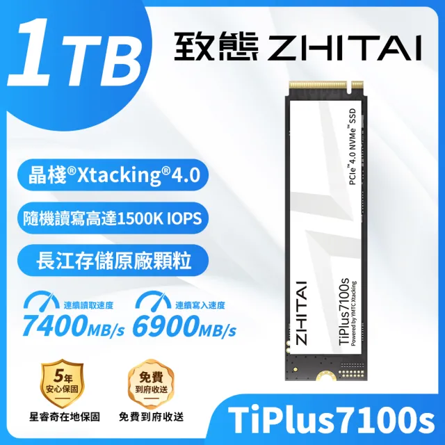【ZHITAI 致態】TiPlus7100s 1TB M.2 2280 Gen4 PCIe 4.0 SSD固態硬碟 讀7400 寫6900 (五年保)