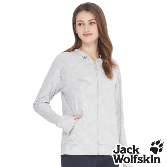 【Jack wolfskin 飛狼】女 涼感抑菌指套防曬外套 探險等高線印花 (淺灰)