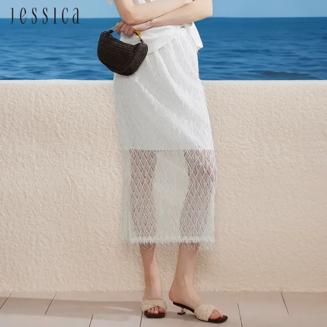 【JESSICA】溫柔氣質流蘇蕾絲鬆緊腰長裙J63102