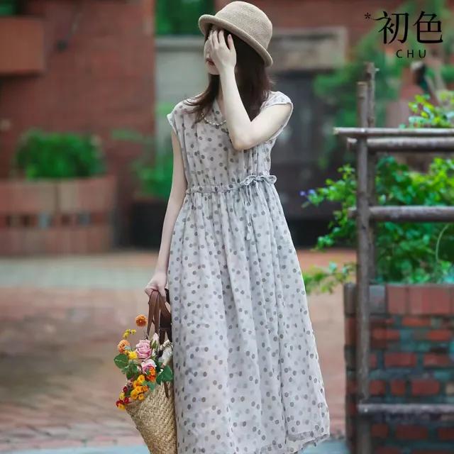 【初色】棉麻復古風V領滿版圓點抽繩綁帶短袖中長裙連衣裙連身洋裝長裙-花色-50530(M-2XL可選)