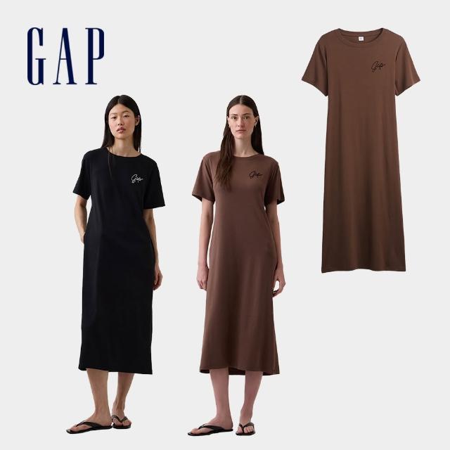 【GAP】女裝 寬鬆 Gap LOGO 挖空T恤式中長洋裝-多色任選(898387)