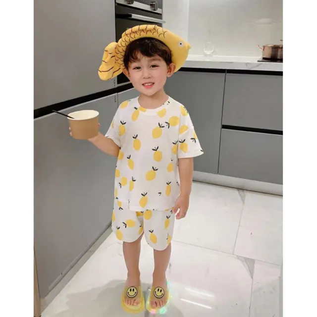 【安朵童舖】現貨韓版兒童冰絲家居服男童短袖套裝女童寬鬆睡衣寶寶冰絲套裝