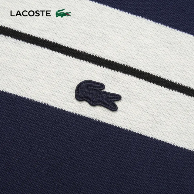 【LACOSTE】男款-經典條紋圓領短袖T恤(海軍藍/白色)