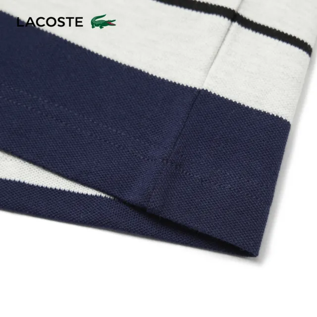 【LACOSTE】男款-經典條紋圓領短袖T恤(海軍藍/白色)