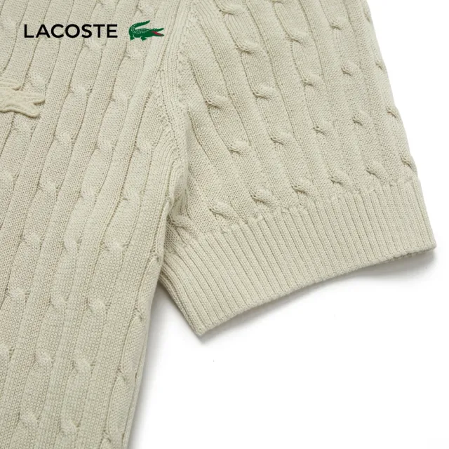 【LACOSTE】女款-修身顯瘦絞花針織短袖上衣(卡其色)