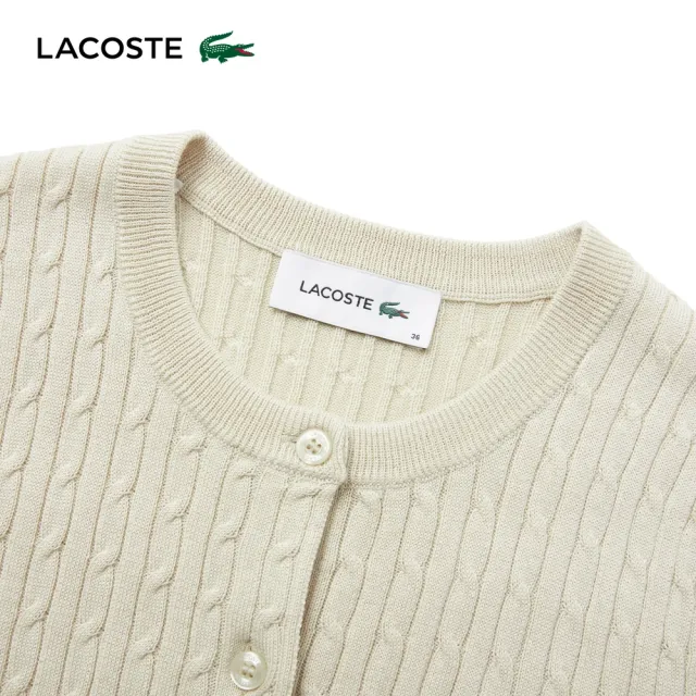 【LACOSTE】女款-名媛風絞花針織短袖開襟衫(卡其色)