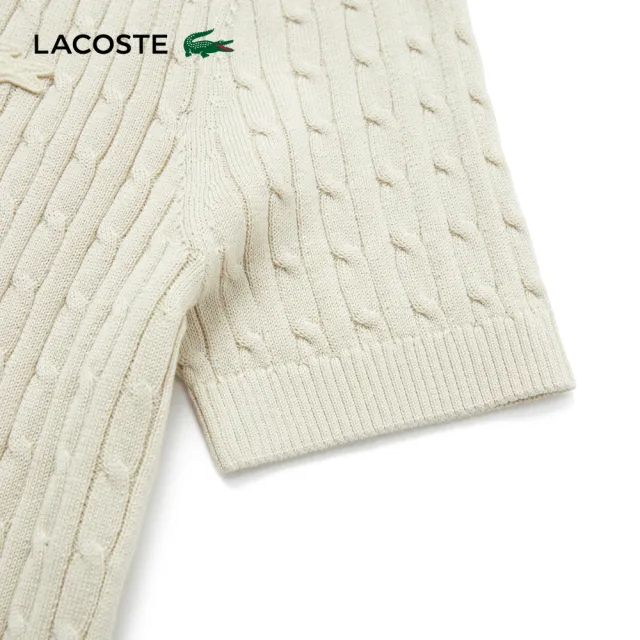 【LACOSTE】女款-名媛風絞花針織短袖開襟衫(卡其色)