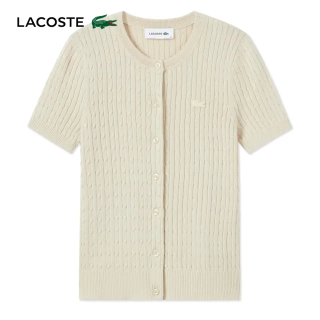 【LACOSTE】女款-名媛風絞花針織短袖開襟衫(卡其色)