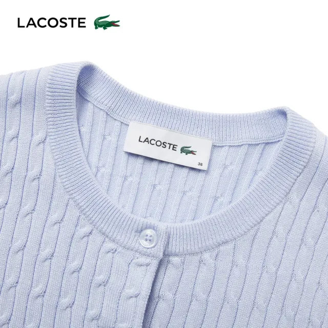 【LACOSTE】女款-名媛風絞花針織短袖開襟衫(淺藍色)