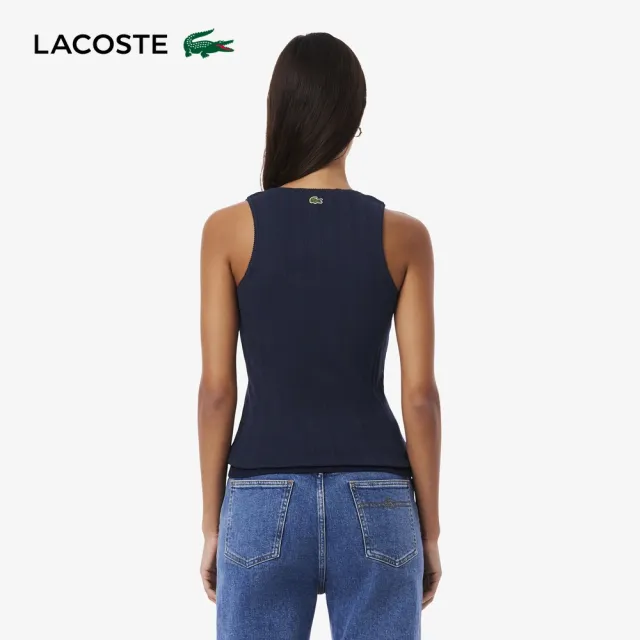 【LACOSTE】女款-精緻蝴蝶結修身坑條背心(海軍藍)