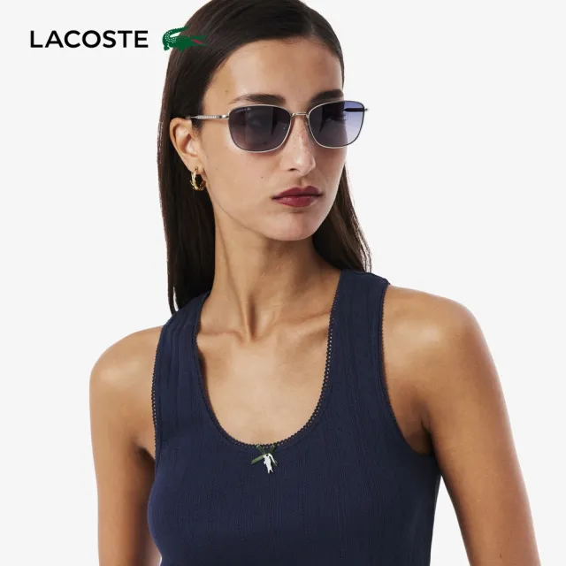 【LACOSTE】女款-精緻蝴蝶結修身坑條背心(海軍藍)