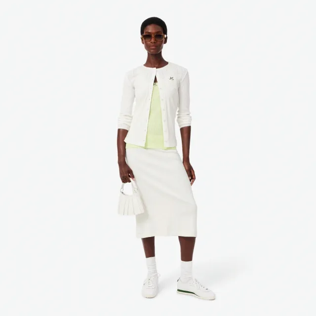 【LACOSTE】女款-優雅修身圓領針織長袖開襟衫(白色)