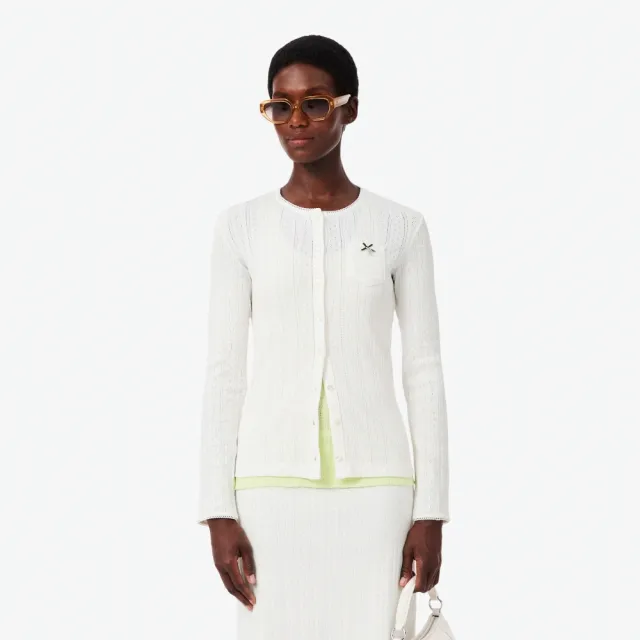 【LACOSTE】女款-優雅修身圓領針織長袖開襟衫(白色)