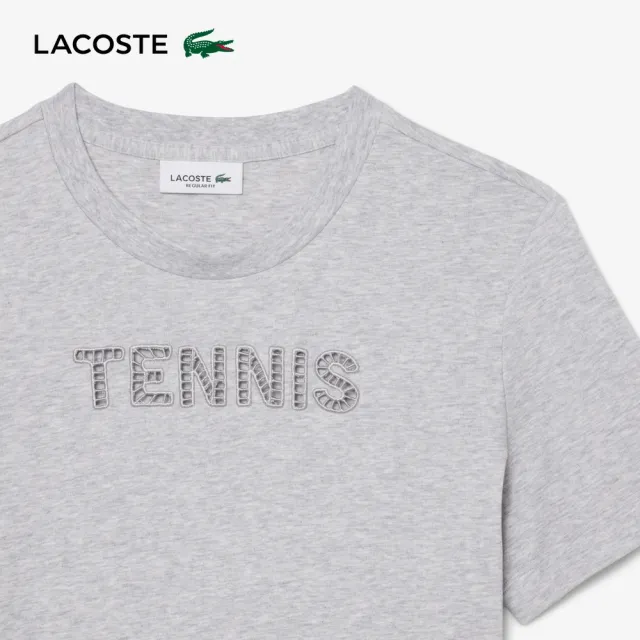 【LACOSTE】女款-休閒風 TENNIS 字母刺繡短袖T(灰色)