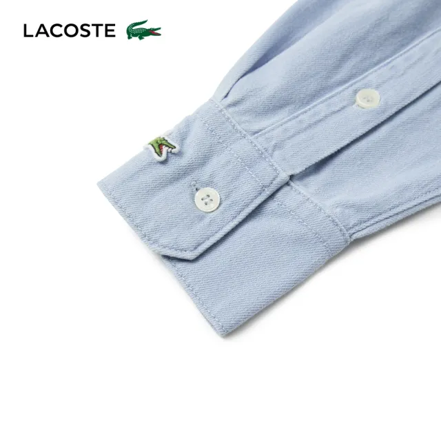 【LACOSTE】女款-率性休閒草寫刺繡長袖襯衫(淺藍色)