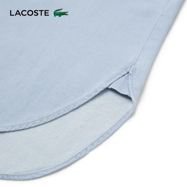 【LACOSTE】女款-率性休閒草寫刺繡長袖襯衫(淺藍色)
