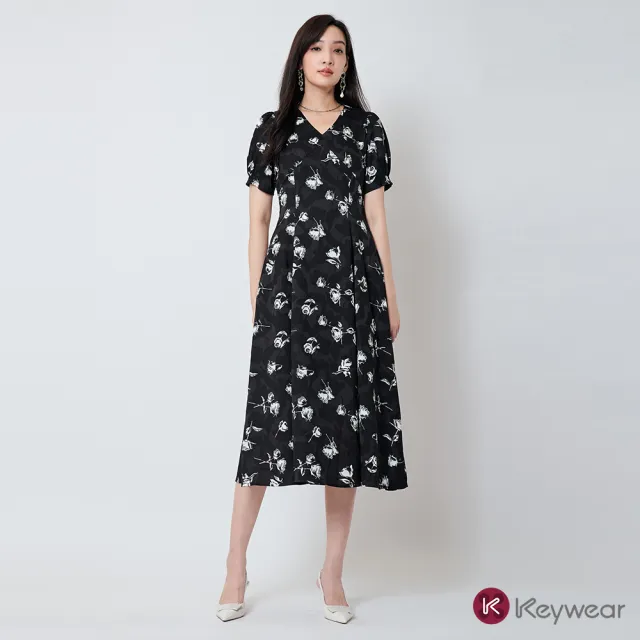 【KeyWear 奇威名品】手繪玫瑰提花印花洋裝