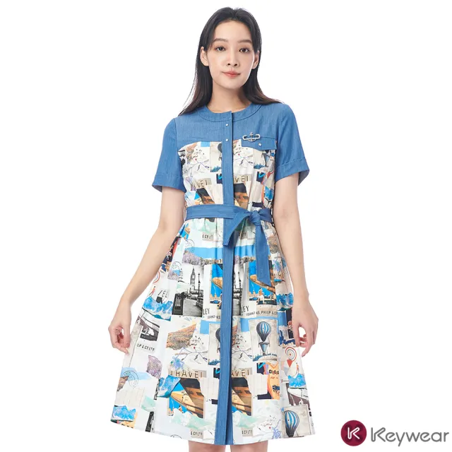 【KeyWear 奇威名品】海報印花拼接短袖洋裝