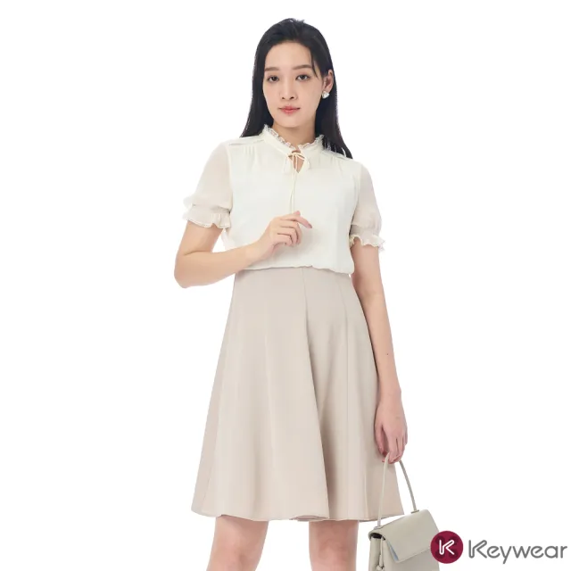 【KeyWear 奇威名品】假兩件拼接雪紡短袖洋裝
