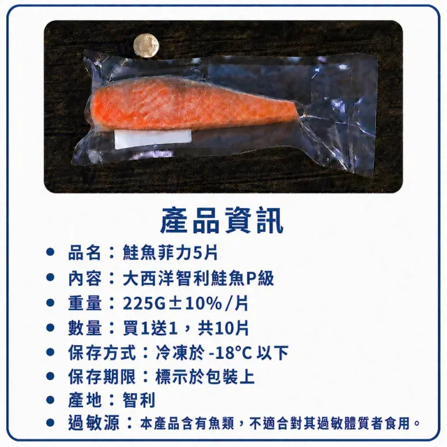 【優鮮配】買1送1｜鮭魚菲力魚排 5片｜225g/片
