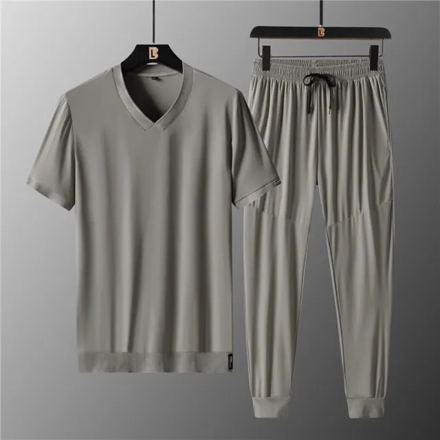 【米蘭精品】現貨出清 男休閒套裝短袖褲裝夏季冰絲V領大碼運動服速乾薄款兩件式寬鬆(男裝4色t1lg89)
