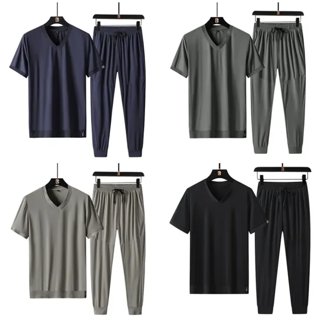 【米蘭精品】現貨出清 男休閒套裝短袖褲裝夏季冰絲V領大碼運動服速乾薄款兩件式寬鬆(男裝4色t1lg89)