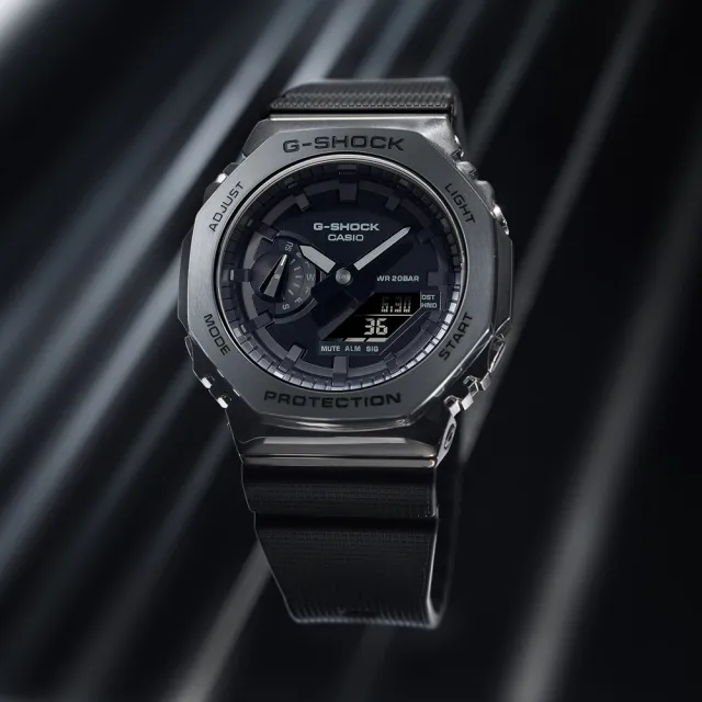 【CASIO 卡西歐】G-SHOCK 金屬時尚八角髮絲紋雙顯手錶 雙11 送禮(GM-2100BB-1A)