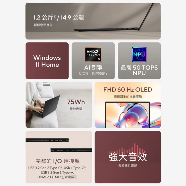 【ASUS 華碩】14吋Ryzen AI 5 輕薄筆電(Zenbook UM3406GA/Ryzen AI 5-430/16G/512G SSD/W11/OLED)