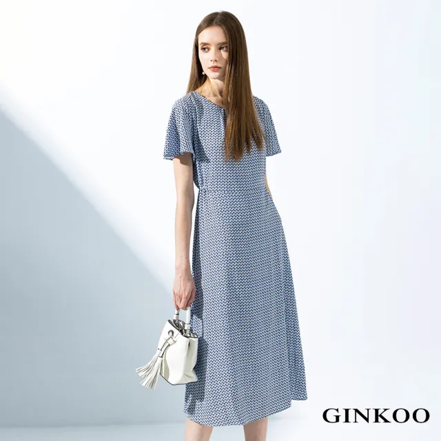 【GINKOO 俊克】幾何印花波浪袖長洋裝