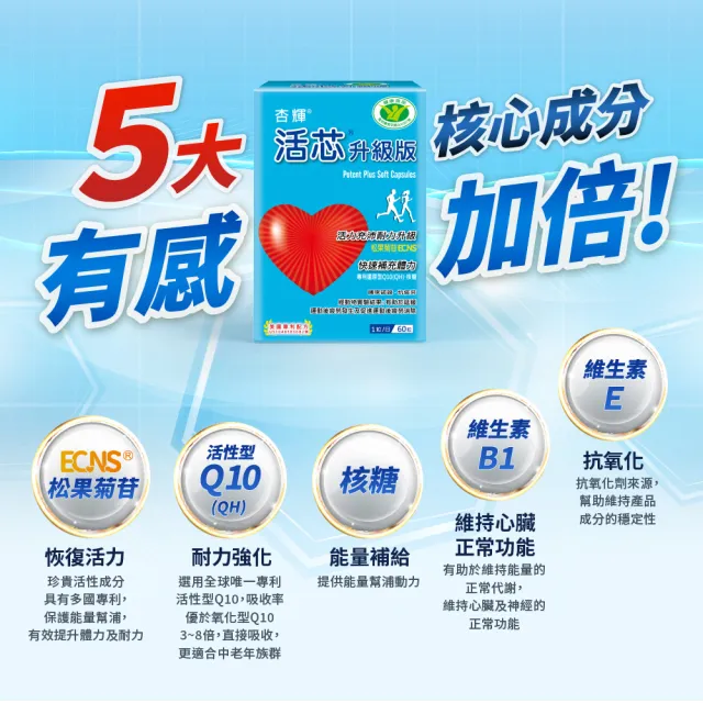 【SINPHAR 杏輝】活芯升級版軟膠囊 國家健康食品2入(共120粒 Q10 專利成分ECNS 提升2倍耐力降低6成5疲累感)