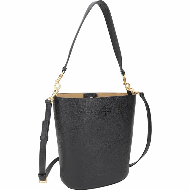 【TORY BURCH】McGraw 雙T縫線荔紋牛皮可拆手提 斜背水桶包-黑色