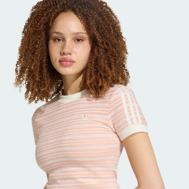 【adidas 愛迪達】Striped Tee 女 T恤 運動上衣 休閒短袖 粉紅 白 亞版(KY8116)