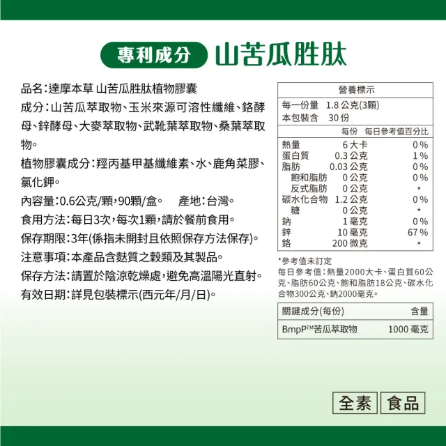 【達摩本草】BmpP®專利山苦瓜胜肽 2入90顆/盒(世界專利、添加天然酵母鉻)