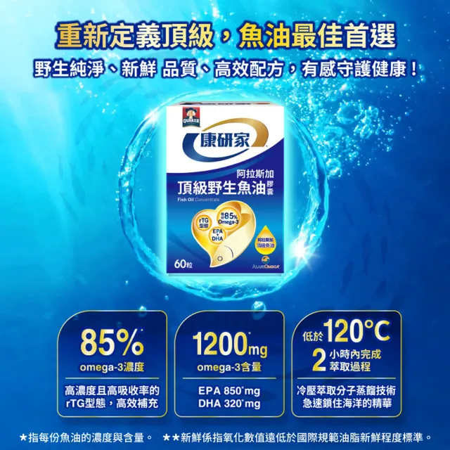 【桂格康研家】頂級野生魚油膠囊60粒×3盒(85% 高濃度/1.2g Omega-3/EPA/DHA/阿拉斯加野生鱈魚)