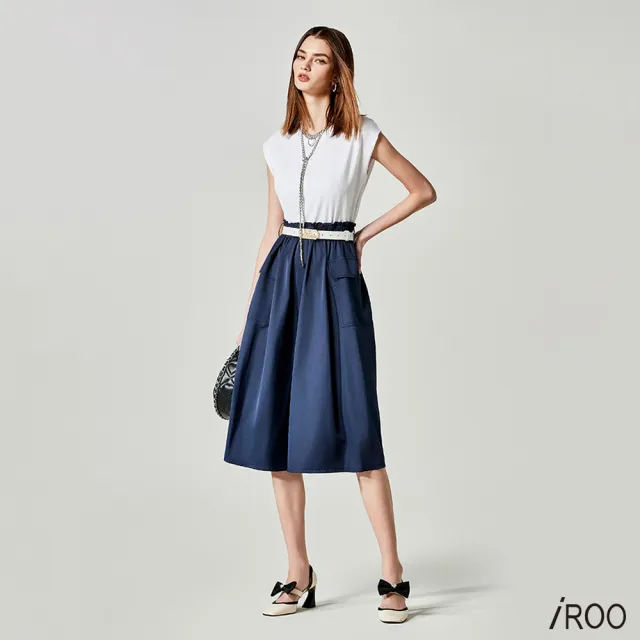 【iROO】異素材拼接撞色縮腰洋裝