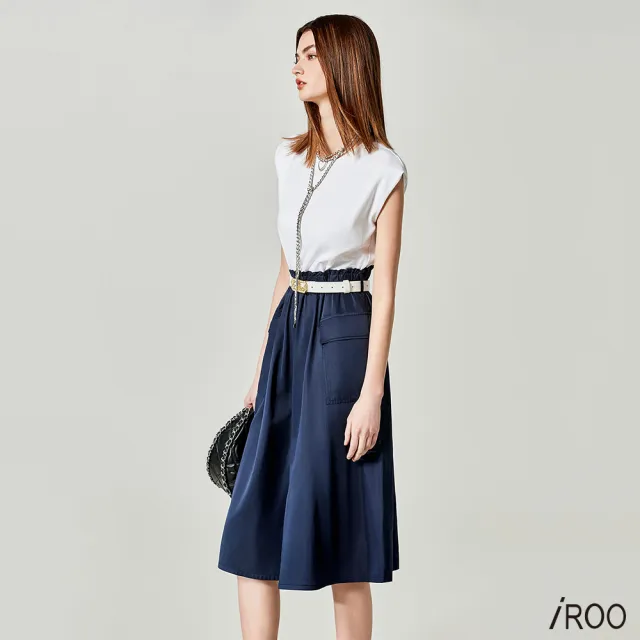 【iROO】異素材拼接撞色縮腰洋裝