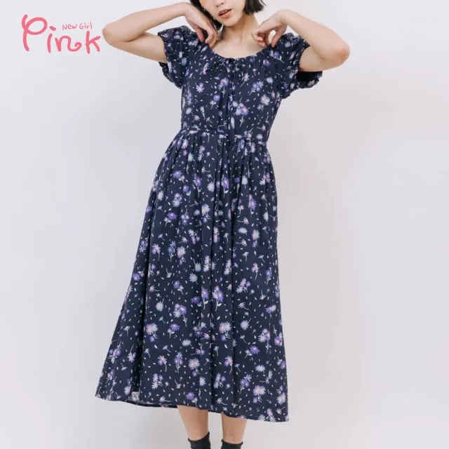 【PINK NEW GIRL】微澎袖蝴蝶結綁帶洋裝 A3103BD