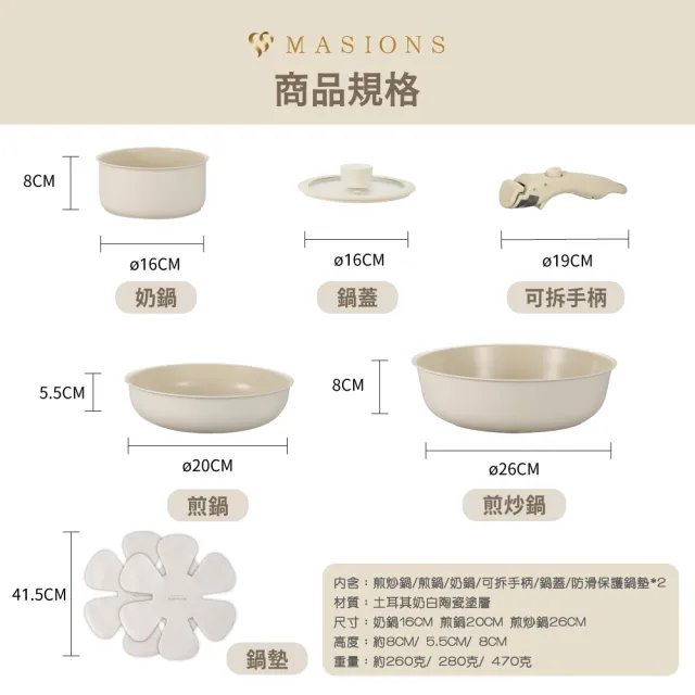 【MASIONS 美心】RAKI系列 可拆鍋 土耳其奶白陶瓷不沾鍋鍋墊/隔熱墊(37cm /2入組)