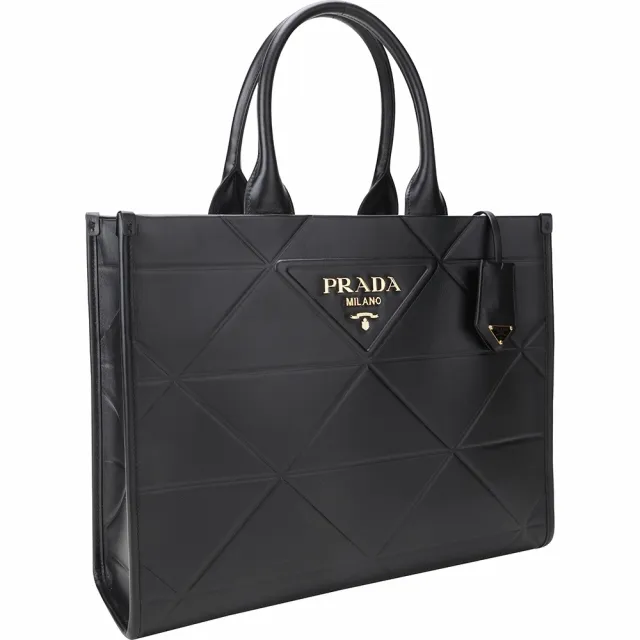 【PRADA 普拉達】Symbole 中款 三角壓花牛皮手提 肩背托特包-黑色