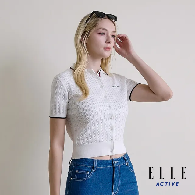 【ELLE ACTIVE】女款 開襟排釦麻花針織短袖上衣-白色(EA26S1W5108-90)