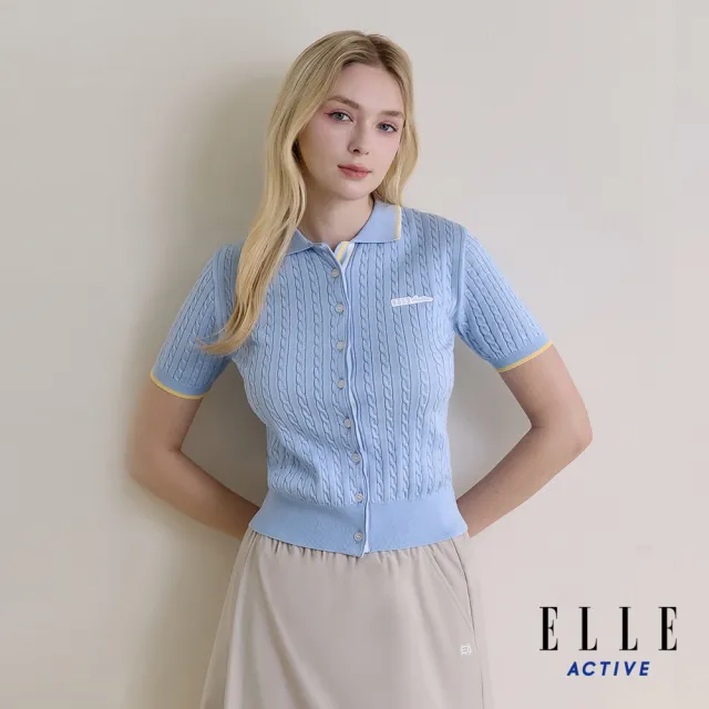 【ELLE ACTIVE】女款 開襟排釦麻花針織短袖上衣-淺藍色(EA26S1W5108-31)