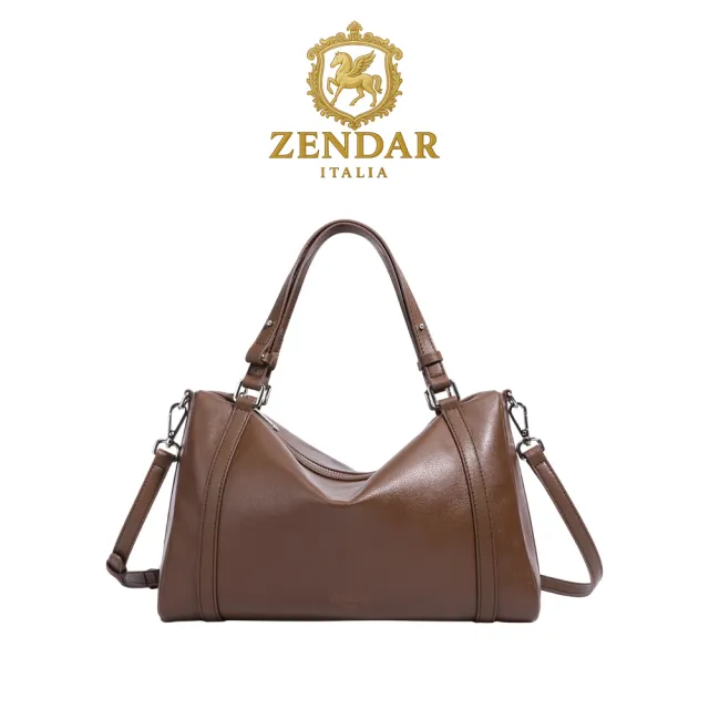 【ZENDAR】頂級小牛皮波士頓手提包肩背包 保莉娜系列(咖啡色)