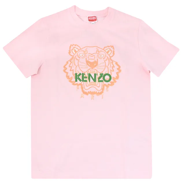 【KENZO】品牌LOGO電繡虎頭標誌厚磅棉質短T恤(粉)