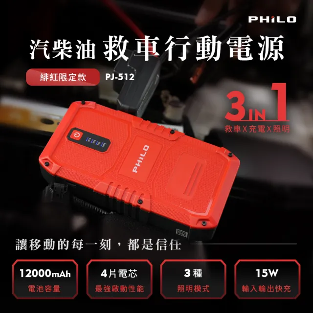 【Philo 飛樂】12000mAh 汽柴油 救車行動電源 PJ-512(汽機車救援/救車電源/行動充電/電霸)