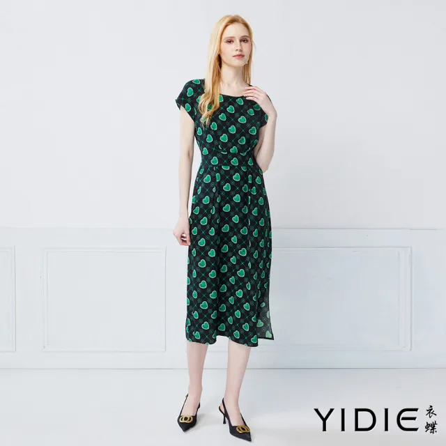 【YIDIE】幾何愛心雪紡長洋裝-黑