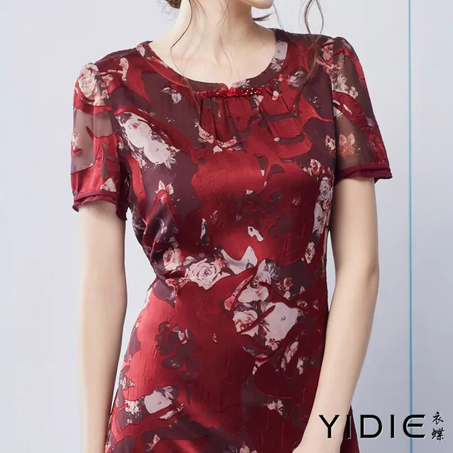 【YIDIE】復古華麗紅褐渲染玫瑰花卉人造絲洋裝-暗紅
