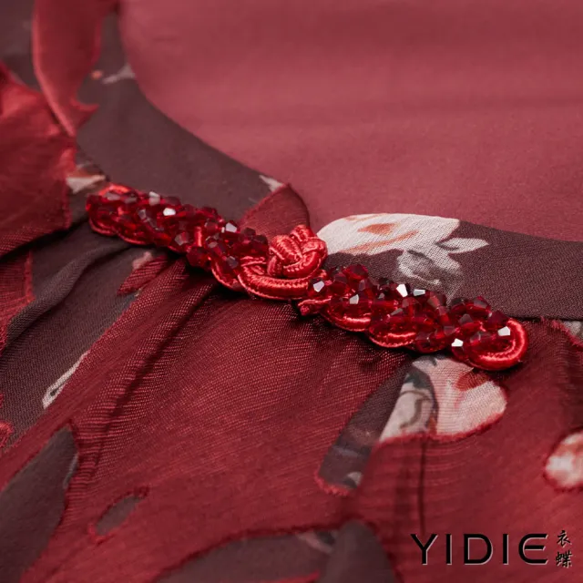 【YIDIE】復古華麗紅褐渲染玫瑰花卉人造絲洋裝-暗紅