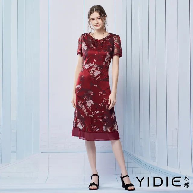 【YIDIE】復古華麗紅褐渲染玫瑰花卉人造絲洋裝-暗紅